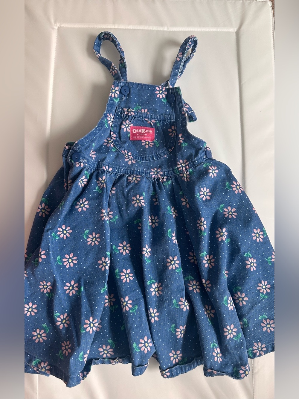 Vintage OshKosh B'Gosh Vestbak Blue Overalls Dress Pink Floral USA Girls Size 6